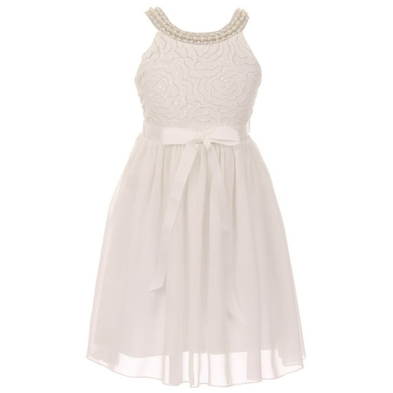 Big Girls' Embroidery Lace Pearl Trim Chiffon Holiday Party Flower Girl Dress Off White 12 (J21KS21)