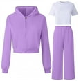 thumbnail image 1 of Big Girls Fall Outfits 3 Piece Full Zip Hoodie Jacket and Sweatpant Joggers Short Sleeve Basic Tee Sets Sweatsuits (9-10 Years, Purple), 1 of 4