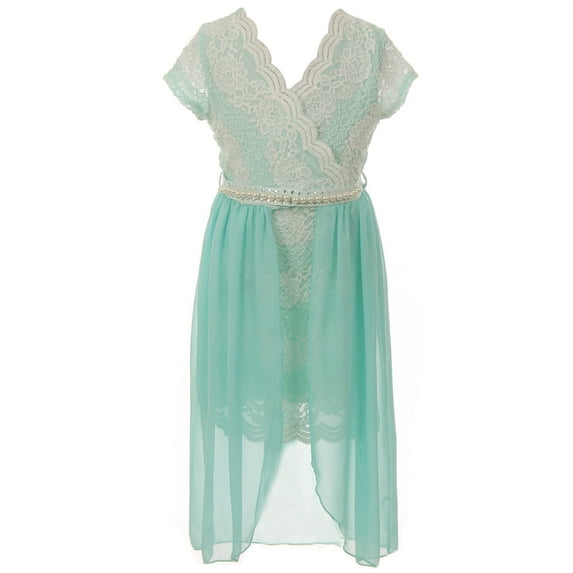 Big Girls' Floral Lace Chiffon Pearl Birthday Holiday Party Flower Girl Dress Mint 8 (J21KS43)
