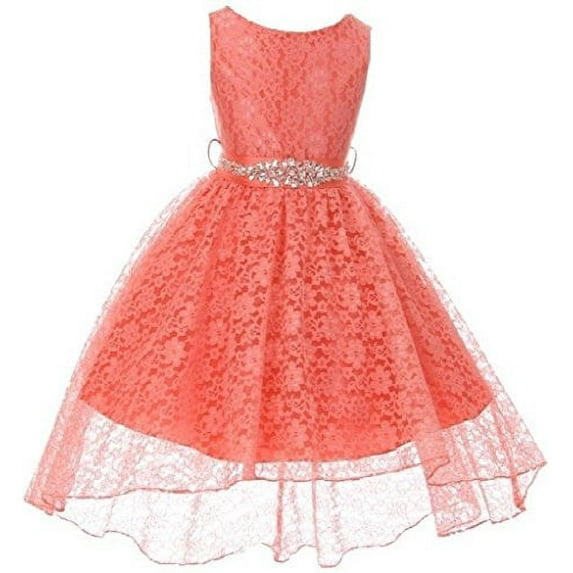 Big Girls Floral Lace High Low Rhinestones Flower Girl Dress Coral 10 (M3B6K0CB)