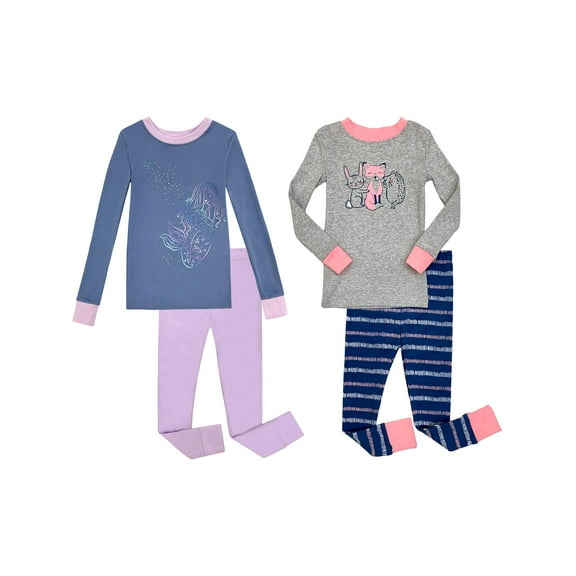 Big Girls Four-Piece Pajama Set, Female 2T-10, Lilac-Gray, Size: 4, Prestigez