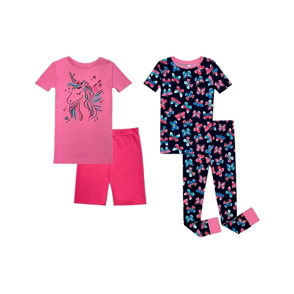 Big Girls Four-Piece Pajama Set, Female 2T-10, Navy-Pink, Size: 4, Prestigez