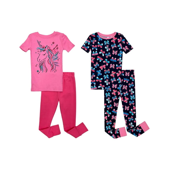 Big Girls Four-Piece Pajama Set, Female 2T-10, Pink-Navy, Size: 4, Prestigez