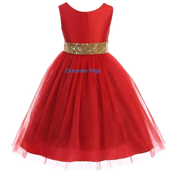 Big Girls' Glitter Tulle Sequin Holiday Christmas New Year Flower Girl Dress Red Size 14 (K498D)