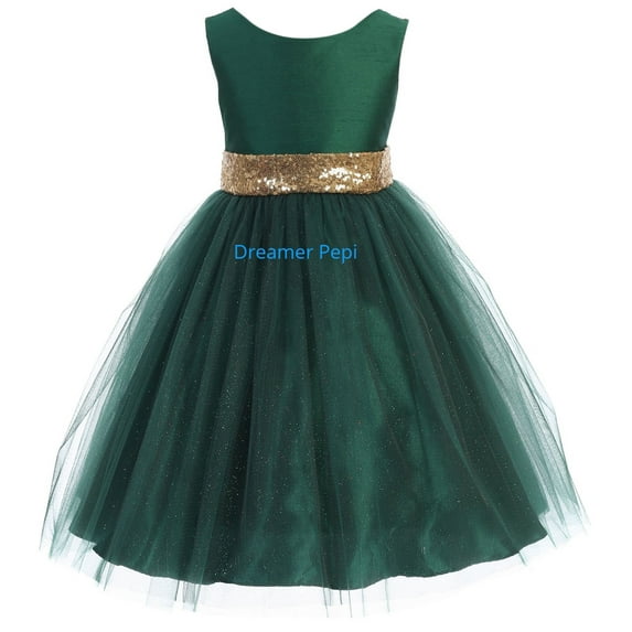 Big Girls' Glitter Tulle Sequin Holiday Party Wedding Flower Girl Dress Green Size 12 (K498D)