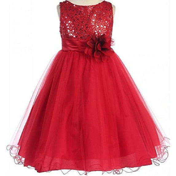 Big Girls' Gorgeous Sequined Round Neck Tulle Flower Corsage Pageant Flower Girl Dress Red 10 (K30D5)