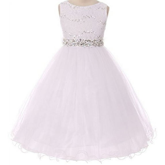 Big Girls Gorgeous Shiny Tulle Beaded Sequin Rhinestone Belt Flower Girl Dress White 18 (M3B4K0)