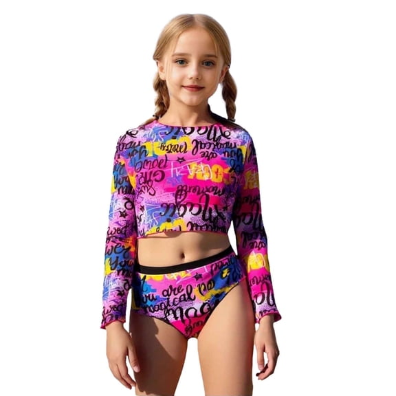 Big Girls Graphic Letter Print Long Sleeve Rash Guard Swimsuit Two Piece Kids Beach Bathing Suit 7-12Y