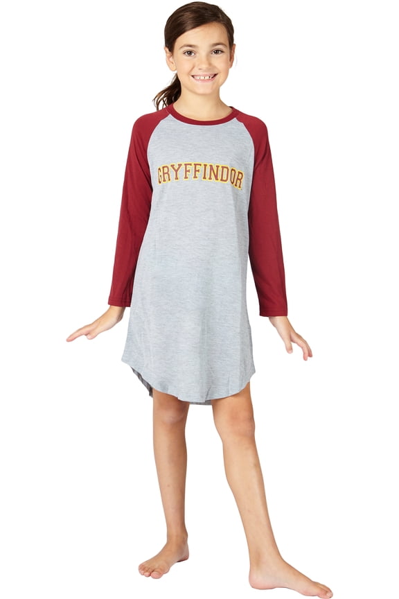 Harry Potter Nightgown Girls' Hogwarts House Long Sleeve Raglan Pajama - Gryffindor, Hufflepuff, Ravenclaw, Slytherin