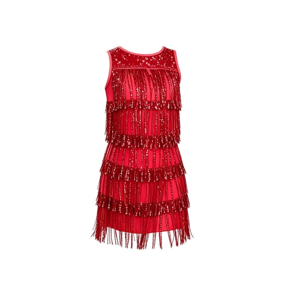 Big Girls Hawaiian Dress Tassel Sequin Layered Sleeveless Slim Fit Summer Beach Dress Kids Size 10-11T