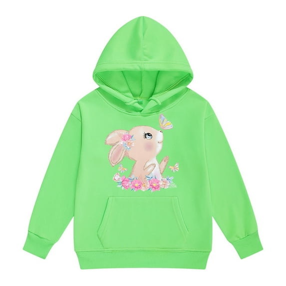 Big Girls Hoodies Sweatshirts Cute Bunny Print Pullover Kids Casual Outerwear Warm Jacket Fall Winter Clothes Green Size 12-13T