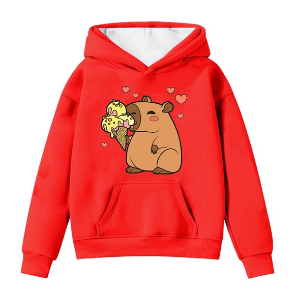 Big Girls Hoodies Sweatshirts Kids Cute Capybara Print Long Sleeve Pullover With Pocket Hood Fall Winter Casual Wear Clothes Red Size 8-9T