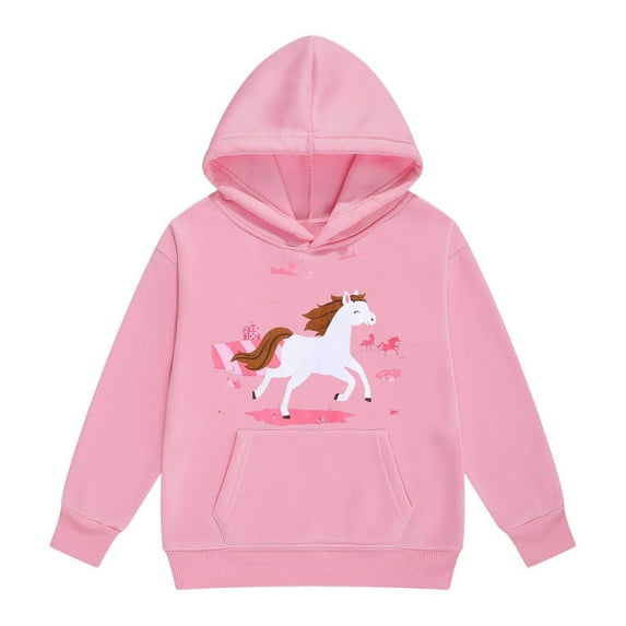 Big Girls Hoodies Sweatshirts Winter Warm Cartoon White Horse Print Kids Pullover Hoodie With Drawstring Pocket Long Sleeve Ranch Clothes Pink Size 12-13T