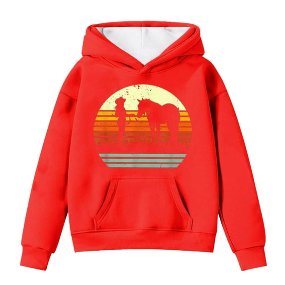 Big Girls Hoodies Sweatshirts Winter Warm Pullover With Pocket Cute Horse Print Long Sleeve Hooded Sweatshirt Kids Clothes Red Size 12-13T