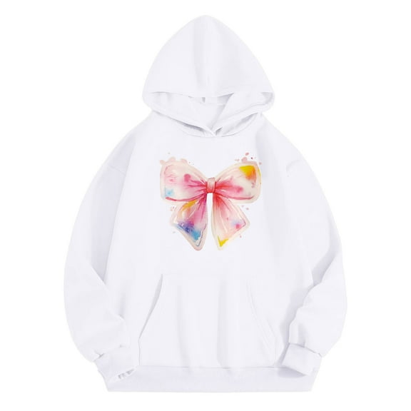 Big Girls Hoodies Sweatshirts Young Girls Fashion Long Sleeve Hooded Sweatshirt With Bow Print Pocket Fall Winter Season Clothes White Size 12-13T