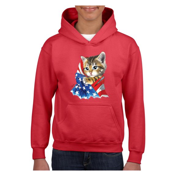 Big Girls Hoodies and Sweatshirts - American Flag 4th of July Kitty