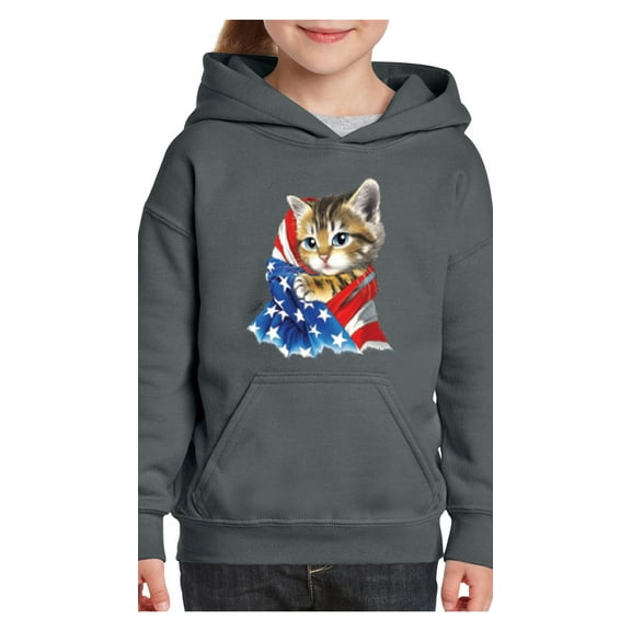 Big Girls Hoodies and Sweatshirts - American Flag 4th of July Kitty