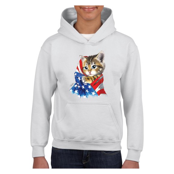 Big Girls Hoodies and Sweatshirts - American Flag 4th of July Kitty