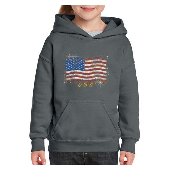Big Girls Hoodies and Sweatshirts - American Flag USA in Gold