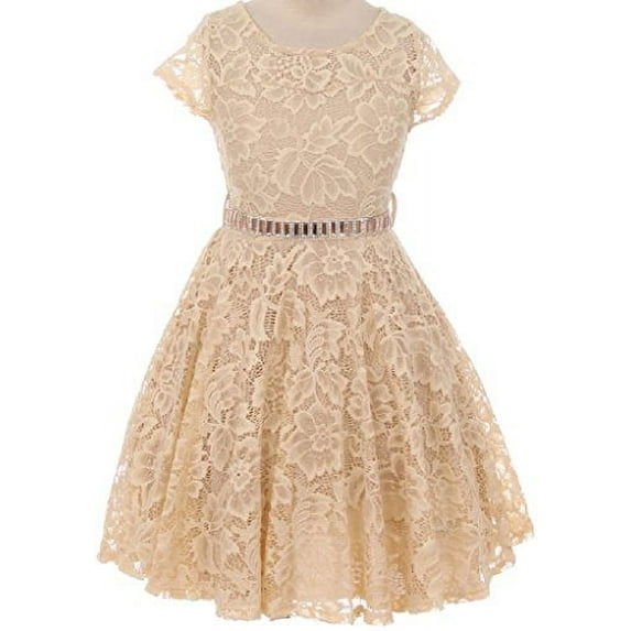 Big Girls' Illusion Lace Top Stone Belt Flowers Girls Dresses Champagne 14 (J19KS88)
