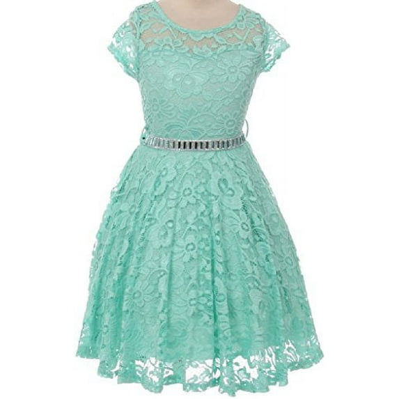 Big Girls' Illusion Lace Top Stone Belt Flowers Girls Dresses Mint 8 (J19KS88)