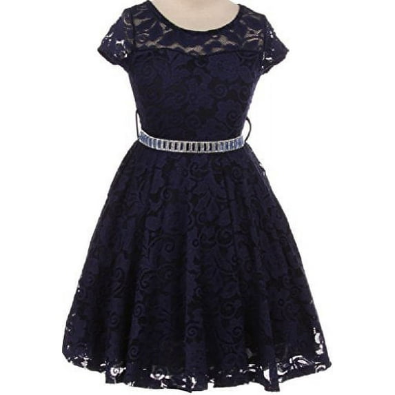 Big Girls' Illusion Lace Top Stone Belt Flowers Girls Dresses Navy 12 (J19KS88)
