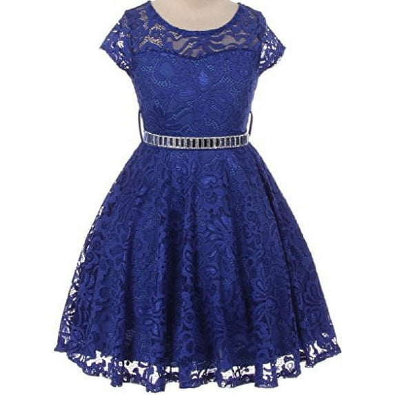Big Girls' Illusion Lace Top Stone Belt Flowers Girls Dresses Royal 8 (J19KS88)