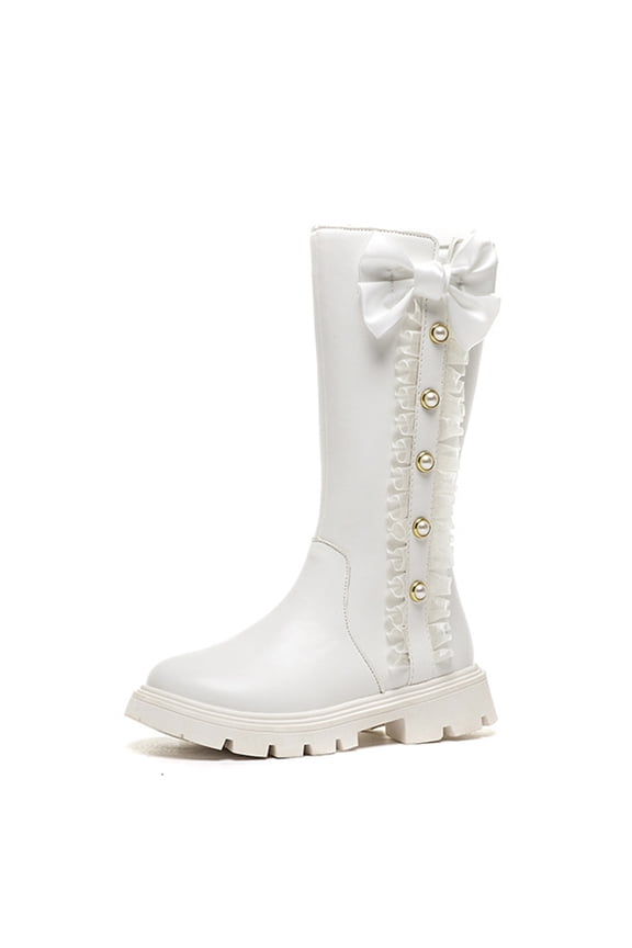 Big Girls' Knee-High Princess Boots, Faux Leather Side-Zip Tall Boots with Bow & Ruffle Detail