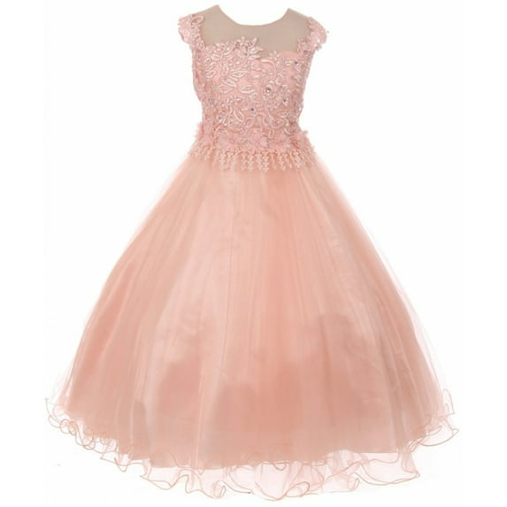 Big Girls' Lace Floral Embroidery Glitter Junior Bridesmaid Pageant Flower Girl Dress Blush 16 (C17B08)