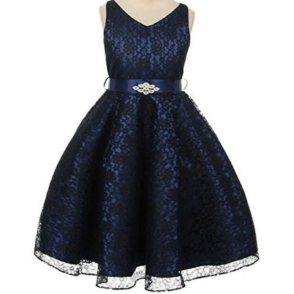 Big Girls' Lace Floral Pattern Satin Sash Flowers Girls Dresses Navy 16