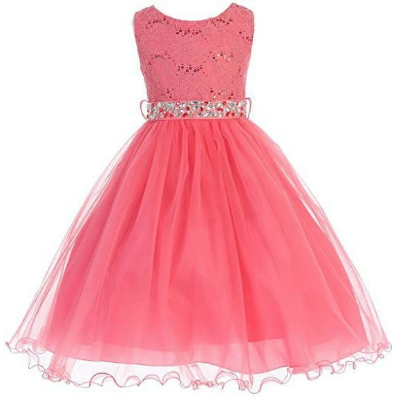Big Girls' Lace Sequin Top Rhinestone Belt Pageant Flower Girl Dress Coral 18 (J36K70)