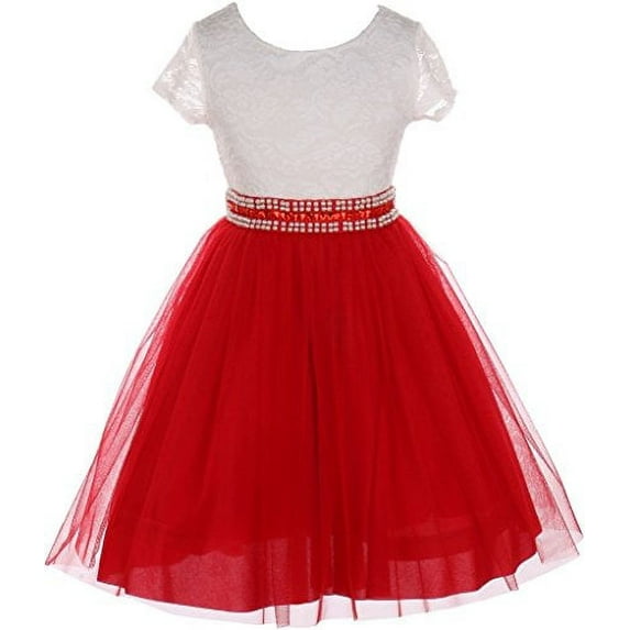 Big Girls' Lace Top Rhinestone Pearl Special Flowers Girls Dresses Red 10 (J20KS45)