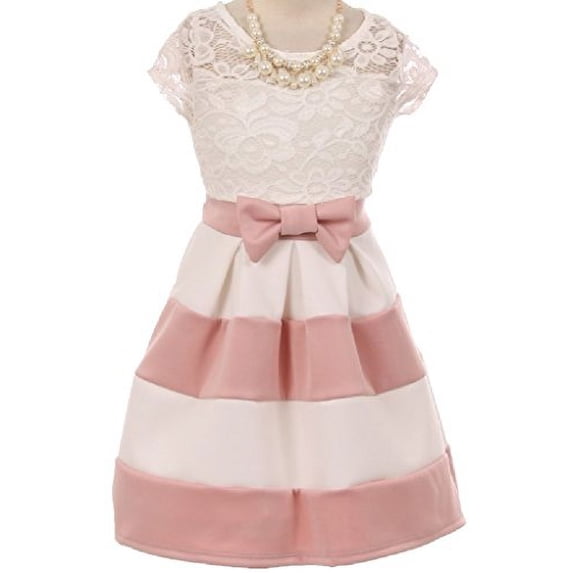 Big Girls' Lace Top Stripe Skirt Necklace Flowers Girls Dresses Blush 12 (J20KS16)