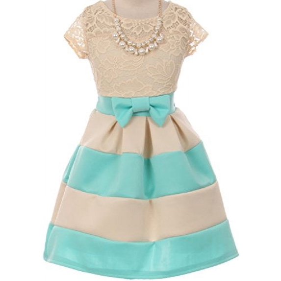 Big Girls' Lace Top Stripe Skirt Necklace Flowers Girls Dresses Mint 10 (J20KS16)