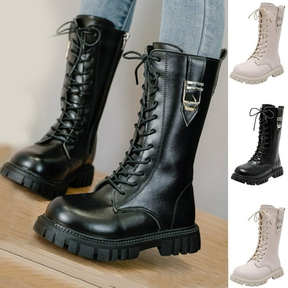 Big Girls Lace Up Combat Boots Mid Calf Riding Boots PU Leather Side Zipper Punk Goth Lug Sole Boot for 4-12 Years