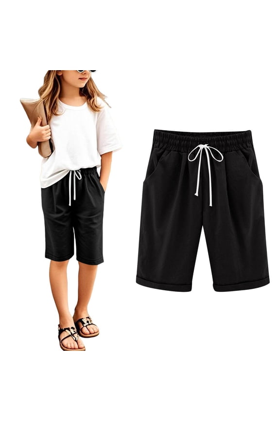 Big Girls Long Shorts Girls Bermuda Shorts Knee Length Cotton Linen Straight Wide Leg Long Shorts Solid Drawstring Elastic Waist Short Casual Summer each Shorts with Pockets