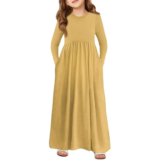 Big Girls Long Sleeve Dress, Extra Long Maxi Dress with Side Pockets, Cozy Fall & Spring Outfit for School & Party 120Yellow
