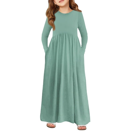 Big Girls Long Sleeve Dress, Extra Long Maxi Dress with Side Pockets, Cozy Fall & Spring Outfit for School & Party 140Mint Green