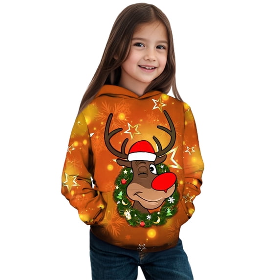 Big Girls Long Sleeve Hooded Sweatshirt Christmas Festive Reindeer Print Pullover Hoodie Sweatshirt Size 11-12T , Orange