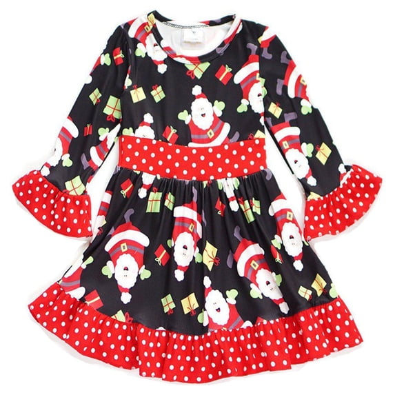 Big Girls' Long Sleeve Santa Gift Box Present Polka Flower Girl Dress Black 6 XL (P318449P)