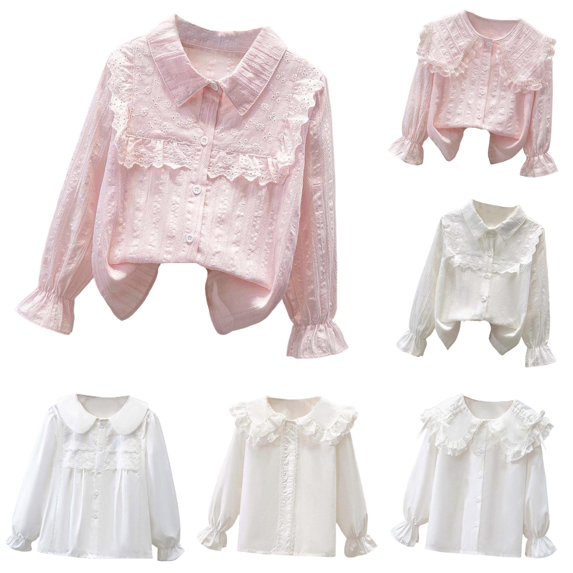 Big Girls Long Sleeve Shirts Elegant Ruffled Button Down Shirts School Tops Size 13-14T ,White