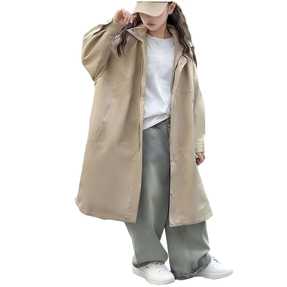 Big Girls Long Trench Coat Oversized Open Front Cardigan Coat Snap Zip Up Fall Windbreaker Jacket with Pockets (12 Years, Khaki)