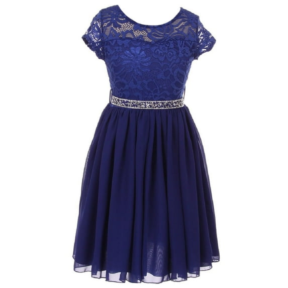 Big Girls' Lovely Floral Lace Chiffon Sparkling Rhinestone Flowers Girls Dresses Royal 8 (J20KS53)