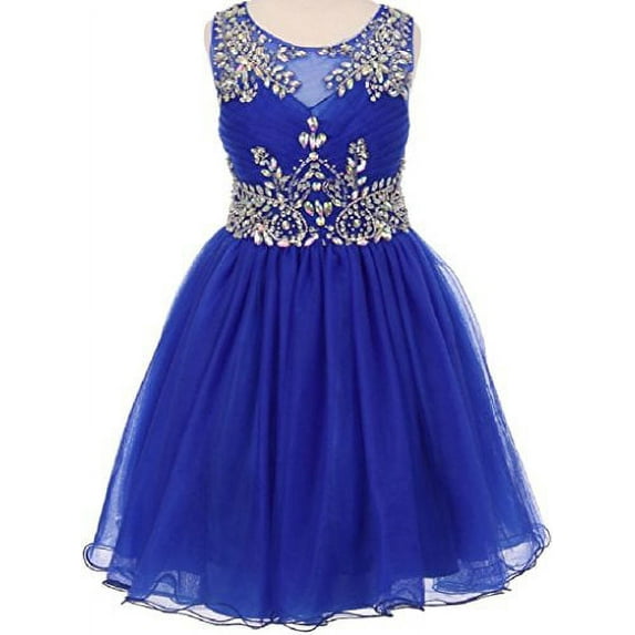 Big Girls' Mesh Junior Bridesmaid Beaded Princess Flowers Girls Dresses Royal 8 (C650C07)
