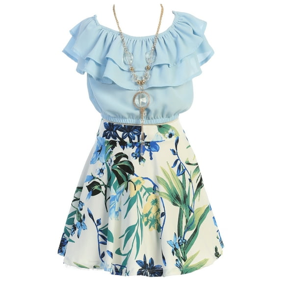 Big Girls' Off Shoulder Ruffle Crop Top Skirt Floral Flower Girl Dress Clothing Set Outfit Blue WT 10 (J21KS30S)