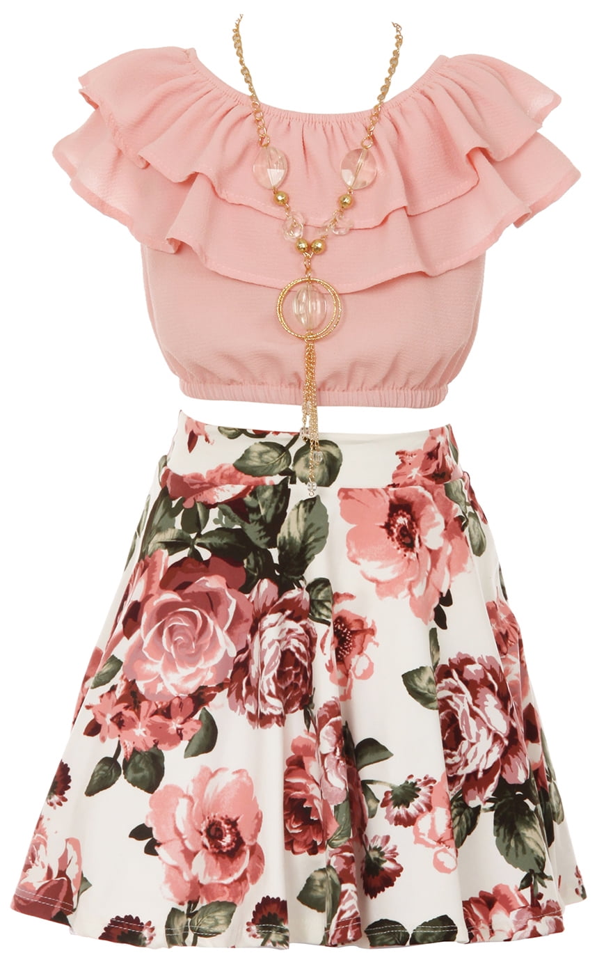 Big Girls Off Shoulder Ruffle Crop Top Skirt Floral Flower Girl Dress Clothing Set Outfit Blush 10 J21KS30S