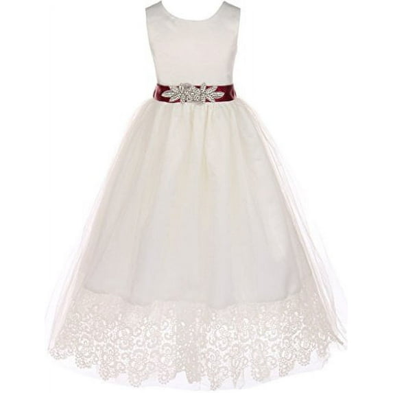 Big Girls Off White Custom Rhinestone Belt Lace First Communion Formal Flower Girl Dress Burgundy 10 (J2K0S73)