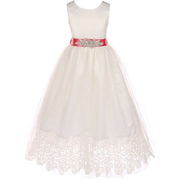 Big Girls Off White Custom Rhinestone Belt Lace First Communion Formal Flower Girl Dress Coral 8 (J2K0S73)