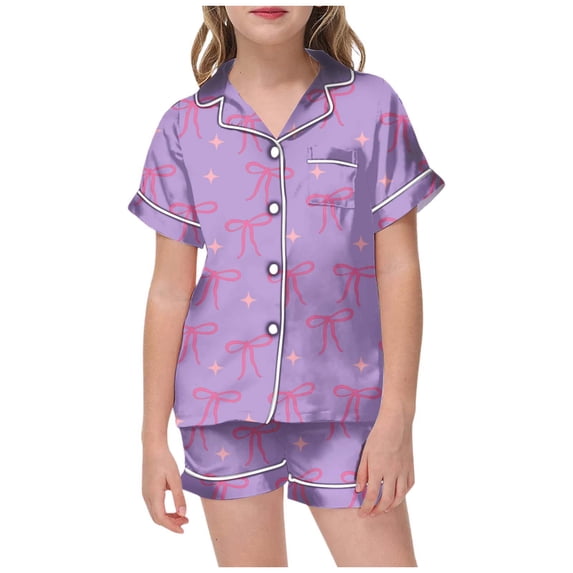 Big Girls Outfit Sets 2 Piece Short Sleeve Top Bow Shorts Age 3 13 Girls Spring Clothes,Purple,Size 12 -13 Years