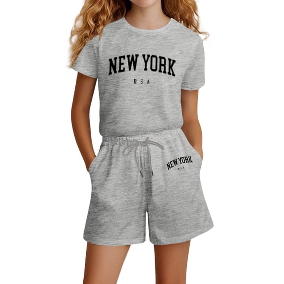 Big Girls Outfits Fashion Letter Print Casual Loose Short Sleeve Suit Sets Size 11-12T